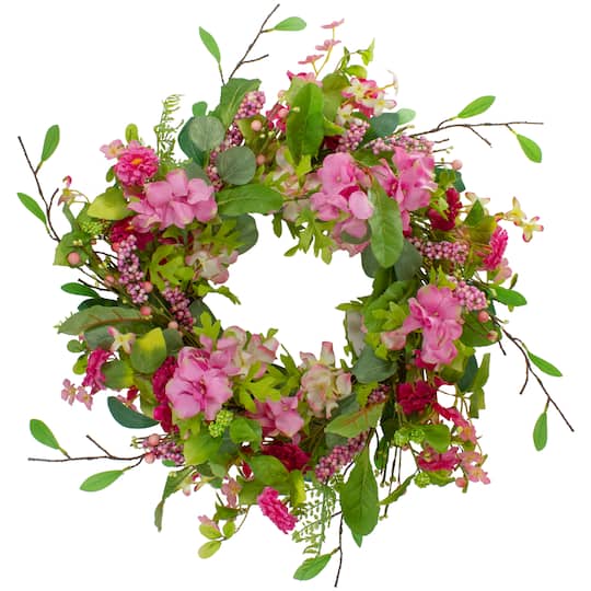 23&#x22; Pink Chrysanthemum &#x26; Hydrangea Floral Spring Wreath